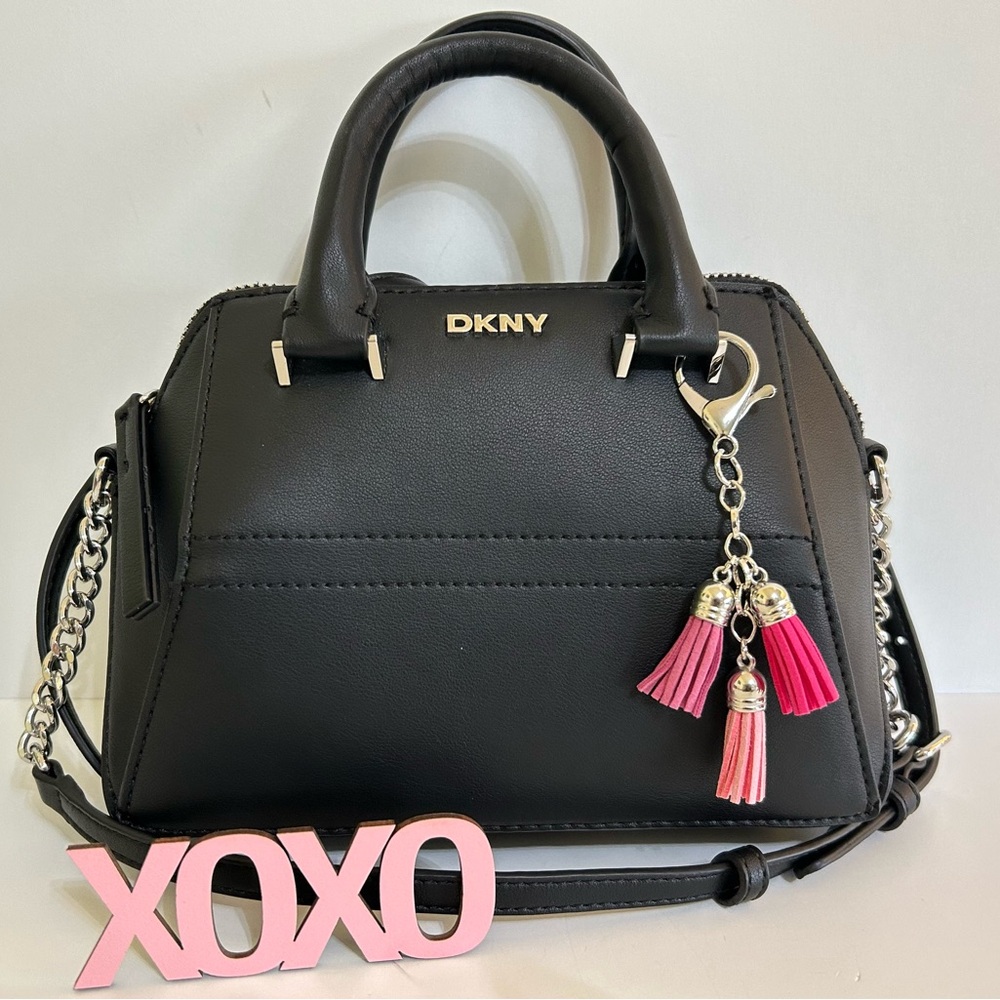 FREE Purse Charm W/Purchase of DKNY Veda Small Satchel Crossbody Black & Silver.